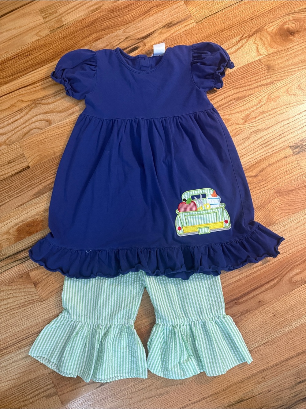 Navy Ruffle Tunic & Green Stripe Ruffle Pants Back to School Set